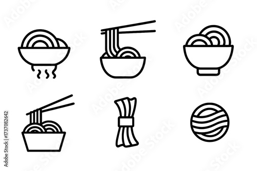 Noodle outline icons set, minimalist linear style, bowl of steaming noodles, chopsticks with noodles, pasta bundle, web and graphic design vector, app and social media pictograms
