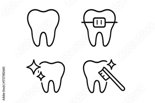 Dentistry line icon set. Tooth care, dental braces, cleaning, and brushing symbols. Orthodontic and oral hygiene concept. Minimalist vector pictograms for web and apps.
