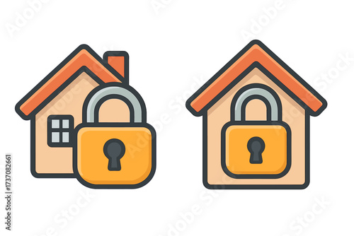 Home security icon set. House with lock symbol for safety and protection. Vector illustration for real estate, property insurance, and app design. Private property concept.