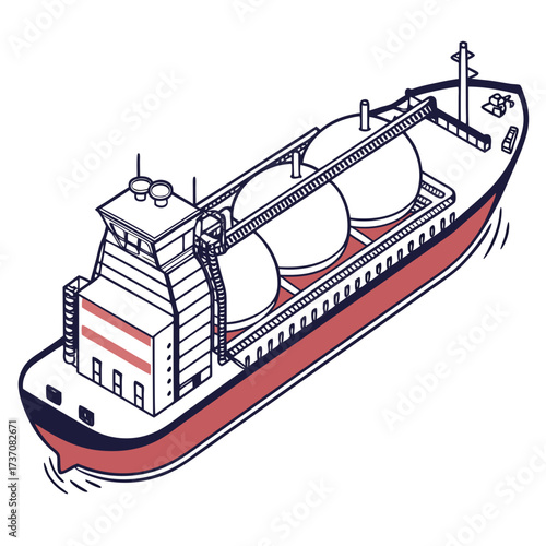 Illustration of a modern liquefied natural gas carrier ship with large spherical tanks on deck