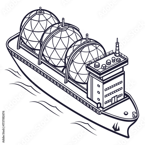 Illustration of a specialized cargo ship carrying spherical tanks filled with liquefied natural gas on the ocean