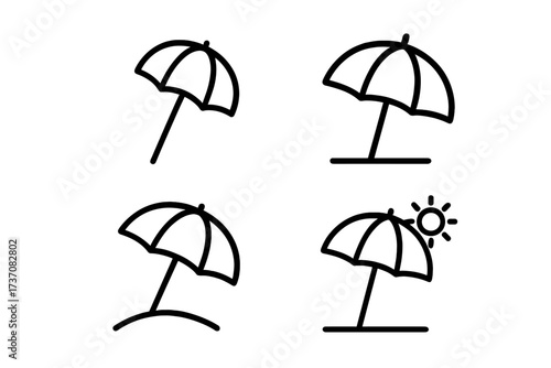 Vector parasol umbrella icon set for beach sunshade protection, editable stroke design for UI, placards, books, apps, websites, cards, summer outdoor concepts