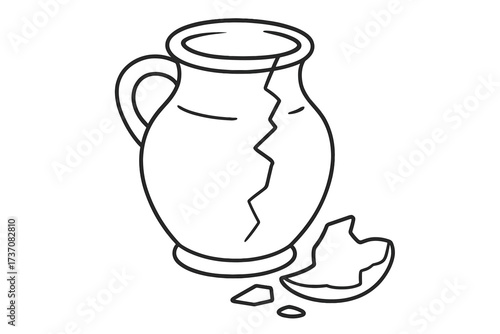 Broken pot line icon. Cracked ancient clay vase or jug. Fragility and damage concept. Damaged pottery with shards. Archaeology symbol. Metaphor for error, problem or failure.