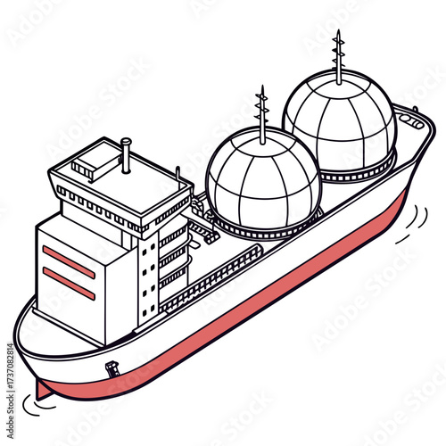 Isometric illustration of a large cargo ship with two spherical tanks for transporting liquids or gases