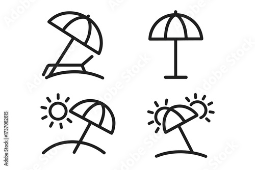 Parasol and Sunshade Icons Set for Beach Protection, Summer Relaxation, Sun Safety, Umbrella Vector Graphics for UI, Apps, Websites, Travel, Vacation, Editable Cartoon Stroke