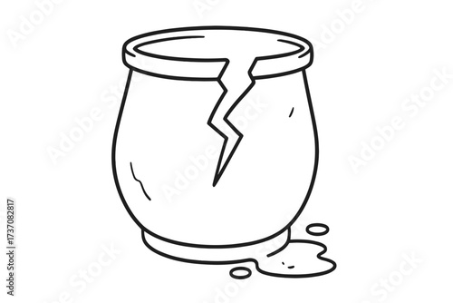 Broken pot vector line art. Leaking cracked container icon concept. Damage, failure, fragility, problem, and loss. Minimalist monochrome doodle illustration for web and apps.
