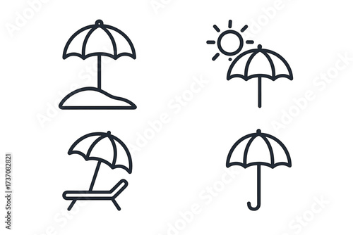 Parasol and sunshade umbrella icon set, beach protection symbols, editable stroke vector collection, summer holiday sunshade, outdoor relaxation, sun protection design for web, apps, cards, books