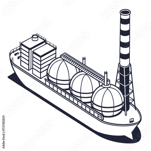 Isometric illustration of a liquefied natural gas carrier ship with spherical storage tanks and a tall smokestack