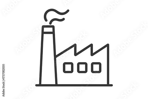 Factory icon single line art vector graphic. Industrial building symbol for production, manufacturing. Simple plant with smokestack for energy, power, pollution. Minimalist outline.