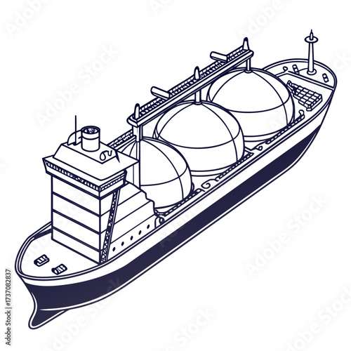 Isometric illustration of a liquefied natural gas carrier ship with spherical tanks and deck structures