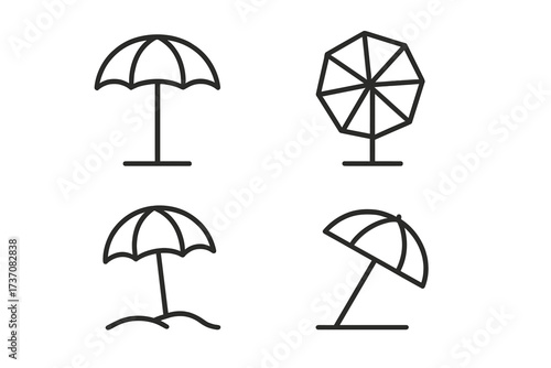 Parasol sunshade umbrella beach protection icons set. Simple linear outline collection with editable stroke for summer, vacation, sun shelter, outdoor, vector cartoon design
