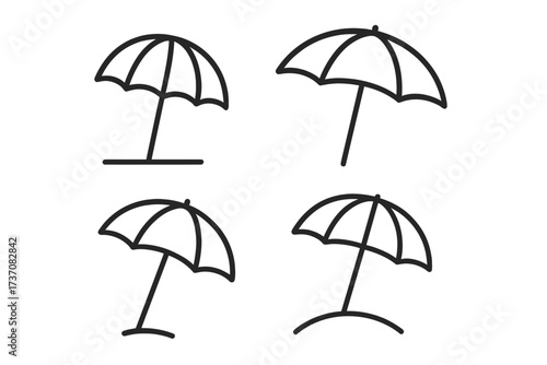Set of parasol sunshade umbrella icons beach protection outline linear vector collection editable stroke design perfect for websites cards apps summer vacation safety