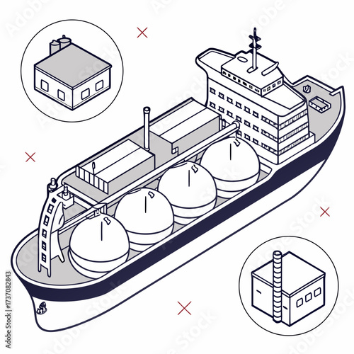 Isometric illustration of a liquefied natural gas carrier ship transporting spherical tanks with industrial facilities