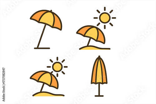 Beach parasol sunshade umbrella set, summer sun protection icons, editable stroke vector illustrations for websites, apps, cards, travel and vacation themes