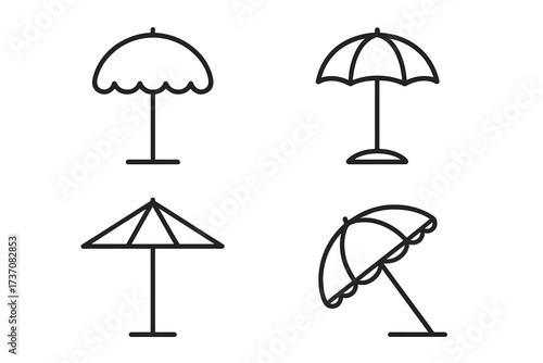 Parasol sunshade umbrella beach protection icons set, simple linear outline vector collection for summer, vacation, travel, outdoor shading, sun protection designs