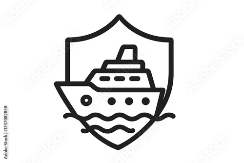 Travel insurance concept. Cruise ship protection. Maritime security symbol. Yacht boat liner on waves inside a shield. Vector line icon for safe vacation, transport guarantee.