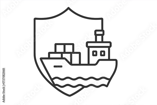 Marine insurance concept for cargo ship and freight protection. Shipping security and logistics safety icon. Container vessel and shield outline vector illustration for transport business.