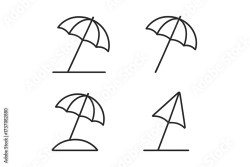Parasol, sunshade, umbrella thin line icon set for beach protection, summer shade, sun shelter, vector illustration for web, apps, cards, editable stroke design