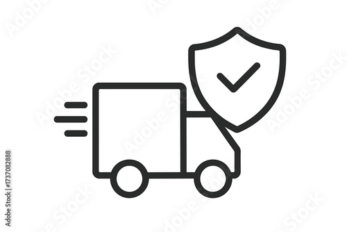 Safe delivery truck icon with a security shield checkmark. Insured shipping and logistics concept. Fast transport guarantee symbol. Protected parcel cargo service vector for web.