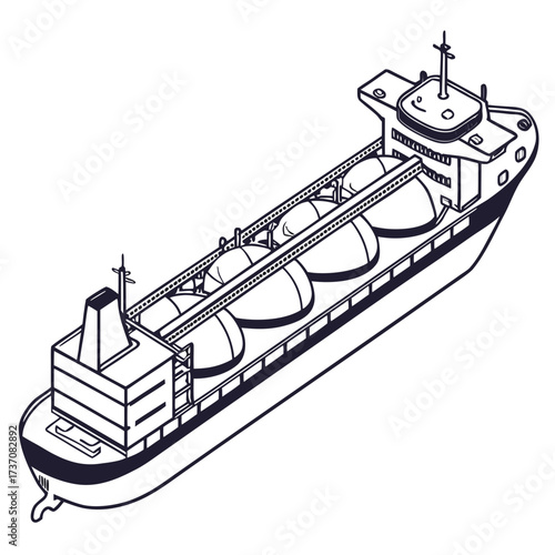 Isometric line art illustration of a large cargo ship carrying spherical tanks on deck