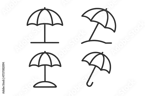 Parasol sunshade umbrella icons collection, beach protection simple line art, isolated editable stroke vector set, summer outdoor shade symbols, web app design, cartoon style