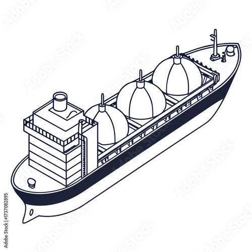 Isometric line art illustration of a large cargo ship carrying spherical tanks for liquid gas transport