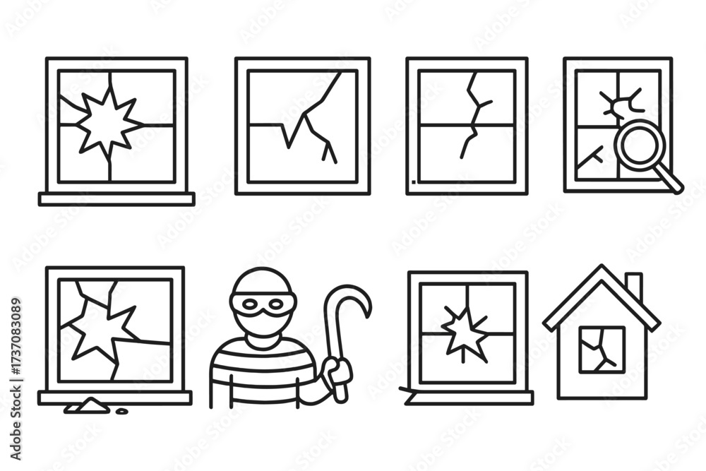 Set of broken window line icons, cracked glass symbols, vandalism damage signs, smashed pane outlines for graphic design, apps, adverts, cards, vector illustration pack