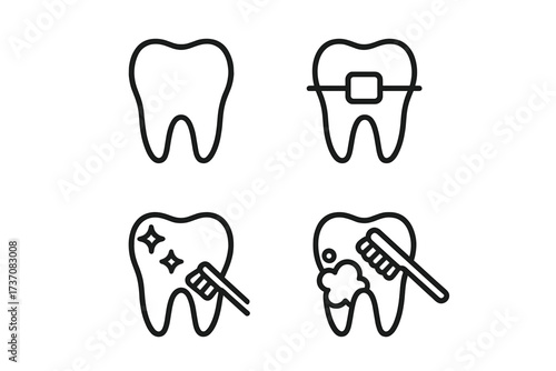Dental care icon set. Tooth with braces, brushing, and cleaning symbols. Dentistry, orthodontics, and oral hygiene concept. Linear pictogram collection for web and graphic design.