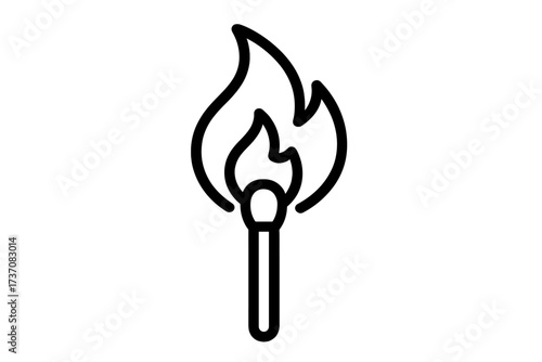Burning matchstick outline icon. Simple linear vector symbol of fire and flame. Concept of ignition, heat, energy, danger and spark. Metaphor for idea and inspiration.