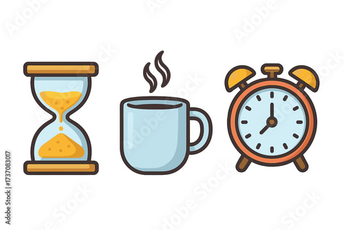Time management icon set. Vector cartoon graphics of hourglass, alarm clock, and coffee break mug. Concept for deadline, schedule, morning routine, timer, and work efficiency.