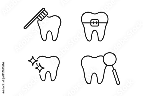 Dentistry and oral hygiene line icon set. Concepts of tooth brushing, orthodontics braces, teeth whitening, and dental examination mirror. Minimal pictogram for web, app, UI, UX.