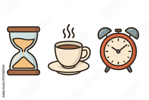 Time management icons bundle with hourglass, alarm clock, and coffee break. Vector outline cartoon illustration for concepts like deadline, schedule, morning routine and productivity.