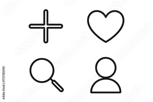 Plus sign, heart symbol, magnifying glass loupe, user icon outline set for graphic and web design, mobile apps, advertising, various digital cards, vector cartoon illustration