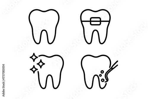 Dentistry line icon set for dental care. Vector icons of tooth, braces, cleaning, and whitening. Orthodontics, oral hygiene, and caries treatment pictograms collection.