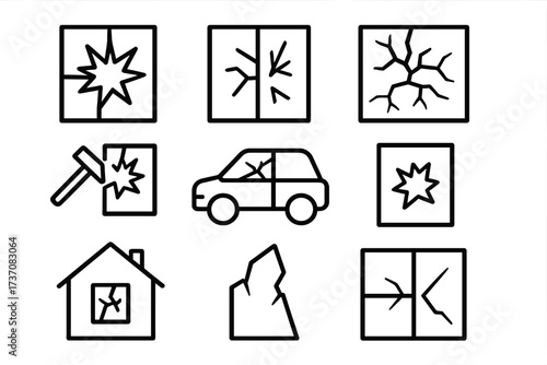 Set of broken window line icons, cracked glass symbols, shattered pane outlines, broken car window and house glass damage signs, vector graphic design for apps, web, and advertising