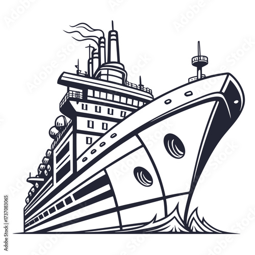 Stylized black and white illustration of a large cruise ship sailing through water