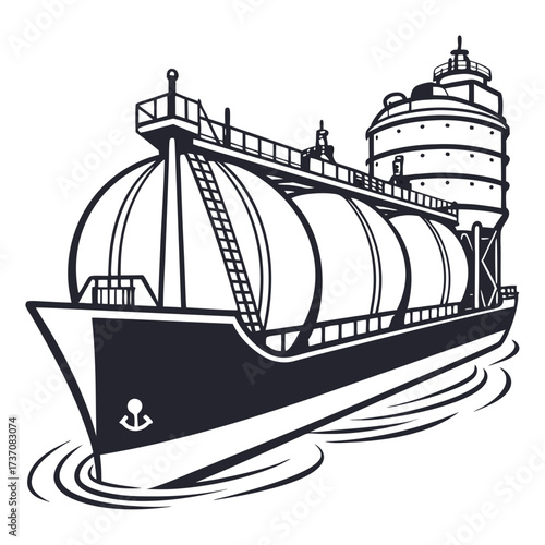 Stylized black and white illustration of a modern cargo ship carrying large spherical tanks across the ocean