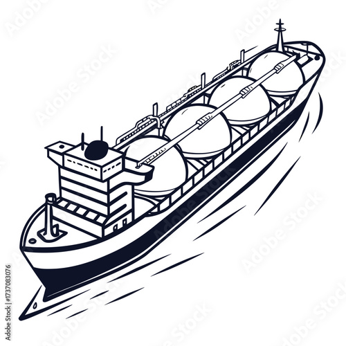 Stylized black and white illustration of a large cargo ship carrying spherical tanks across the ocean