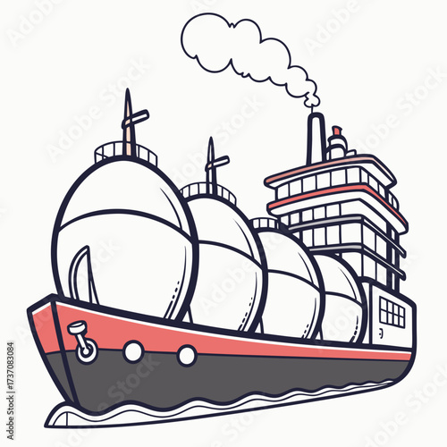 Stylized cartoon illustration of a large cargo ship with spherical tanks and smoke emitting from its chimney
