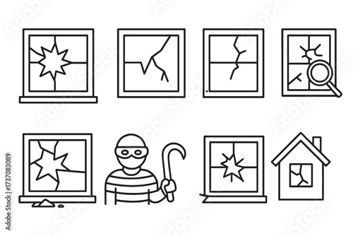 Set of broken window line icons, cracked glass symbols, vandalism damage signs, smashed pane outlines for graphic design, apps, adverts, cards, vector illustration pack
