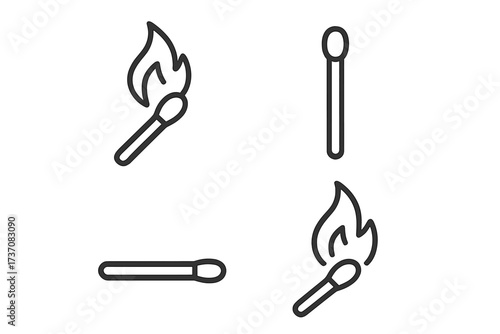 Matchstick icon set. Burning match with fire flame, unlit matchstick. Vector outline symbol collection. Simple line art illustration. Ignition, heat, light, danger concept.