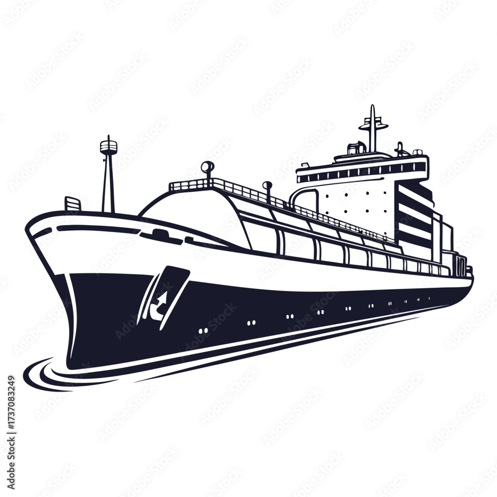 Obraz premium Stylized illustration of a large cargo ship sailing on the water with a white background