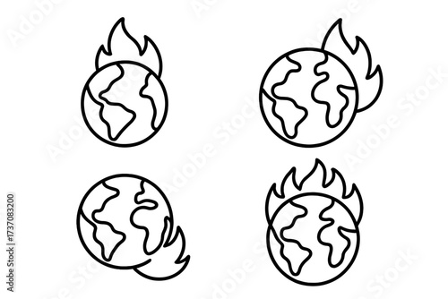 Set of Planet Earth on Fire Line Icons, Global Warming Symbols, Environmental Crisis Outline Signs for Graphic Design, Web, Apps, Advertisements, Vector Cartoon Illustration
