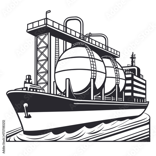 Stylized illustration of a large cargo ship carrying spherical tanks on the ocean waves