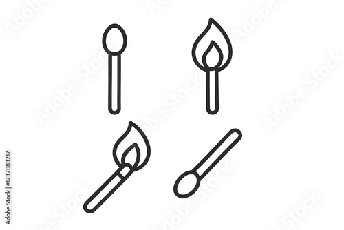 Matchstick outline icon set. Linear symbols of burning and unlit matches. Vector illustration for fire, flame, heat, ignition, danger, and energy concepts. Simple pictogram.