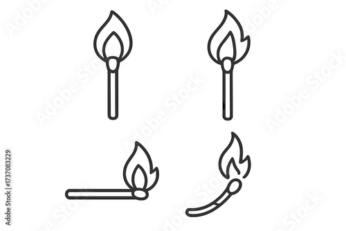 Matchstick icon set. Burning match with fire flame outline symbol. Simple linear vector graphic for web design. Minimalist bonfire, danger and energy concept illustration.