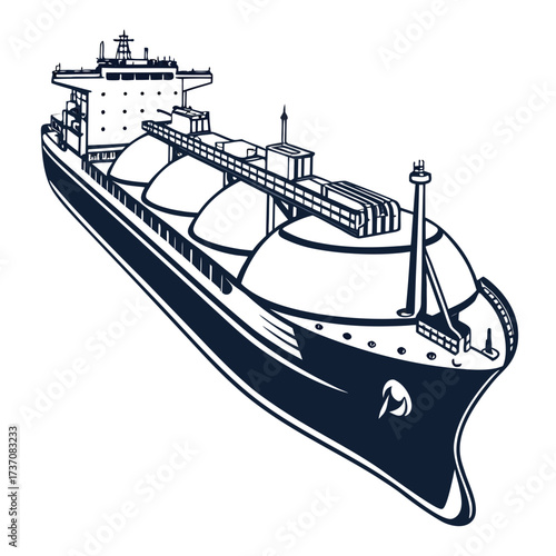 Stylized illustration of a large cargo ship with spherical tanks for transporting liquefied natural gas