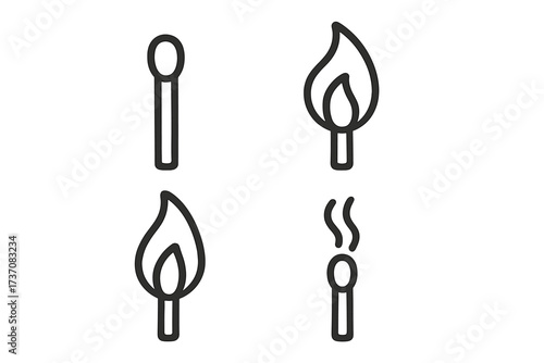 Matchstick life cycle outline icon set. Vector linear signs showing the process of ignition, burning with fire and flame, to an extinguished match with smoke. Symbol set.