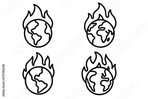 Set of Planet Earth on Fire Line Icons, Burning Globe Outline Signs for Graphic Design, Web Apps, Environmental Crisis, Climate Change, and Awareness Cards Vector Illustration