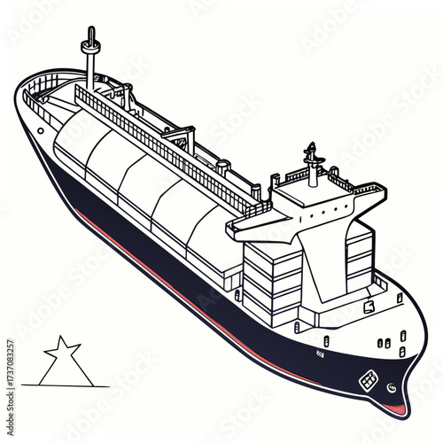 Stylized illustration of a large cargo ship with a dark hull and white superstructure on a white background